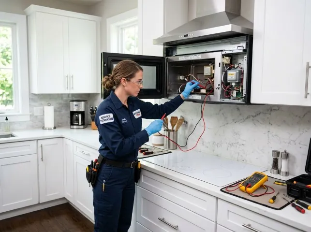 Appliance Repair Hero technician testing an over-the-range microwave in a Bryan, TX kitchen