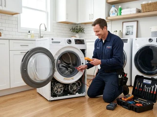 Appliance Repair Hero technician testing a front-load washer with a multimeter on a Bryan, TX service call